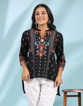 Black Rayon Ikat Placement Printed High-Low Tunic With Side Slits & Tassels-S4472BLACK